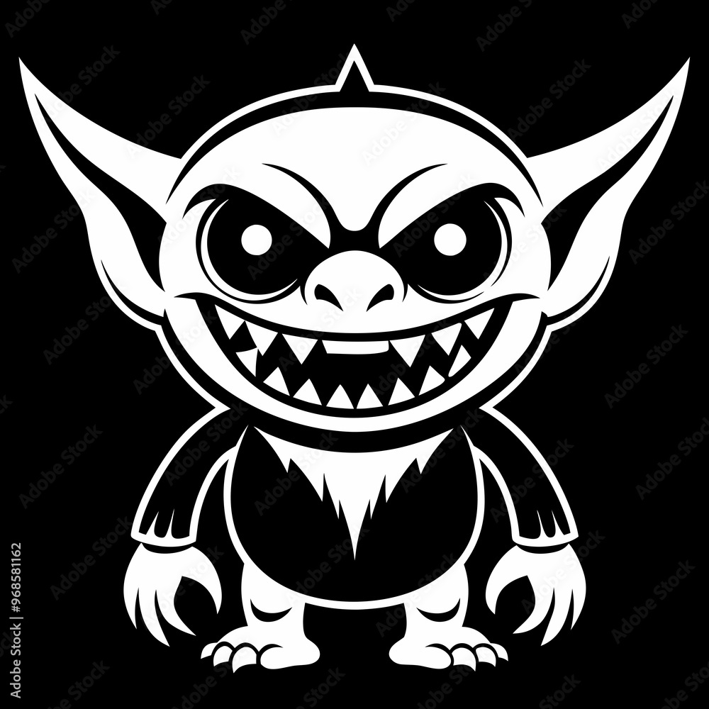Obraz premium Evil gremlin character illustration, black and white, mischievous monster design