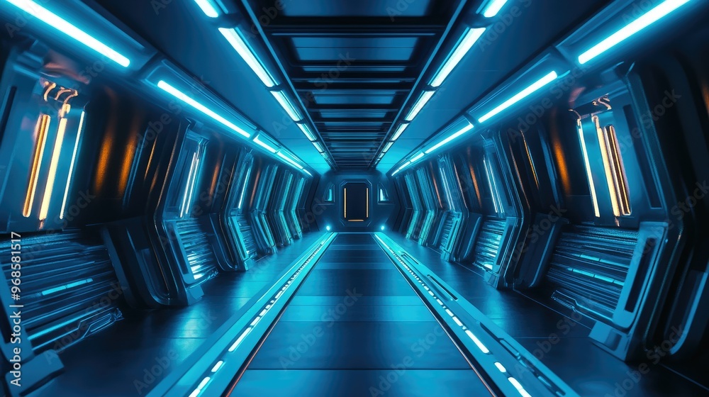 Spacecraft corridor with advanced material design and glowing futuristic lighting, creating a high-tech, space-age atmosphere Spacecraft corridor with advanced material design and glowing futuristic lighting, creating a high-tech, space-age atmosphere