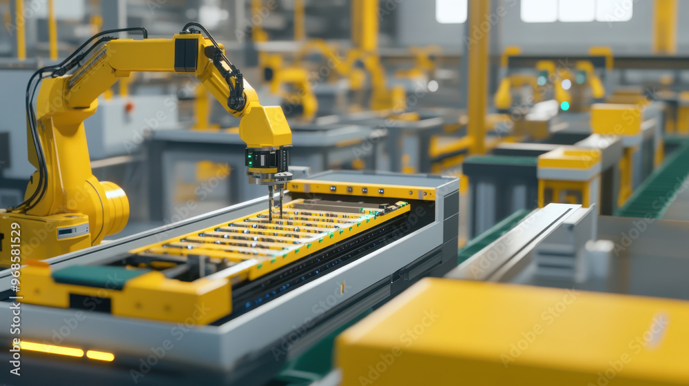 Automated assembly line with sensors performing real time tasks, showcasing advanced robotics and precision engineering in modern industrial setting Automated assembly line with sensors performing real time tasks, showcasing advanced robotics and precision engineering in modern industrial setting