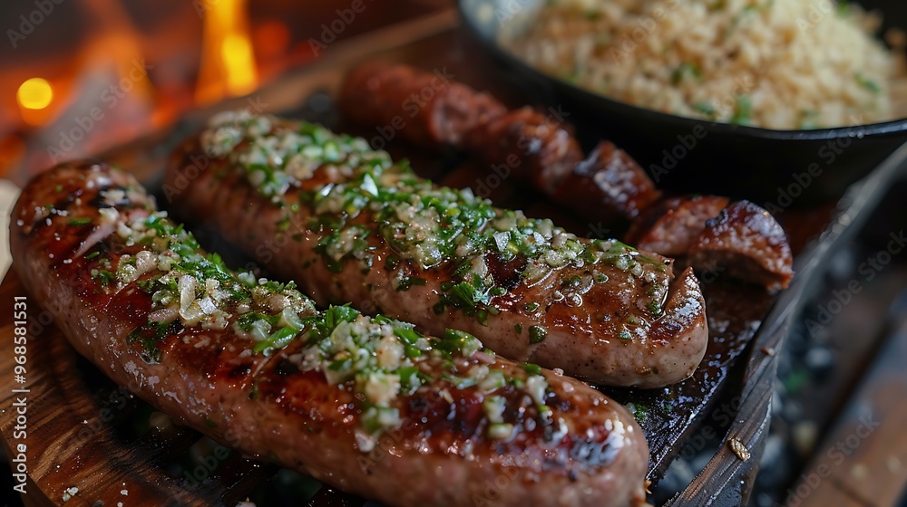 Typical barbecue with garlic bread picanha sausage vinaigrette and farofa Typical barbecue with garlic bread picanha sausage vinaigrette and farofa