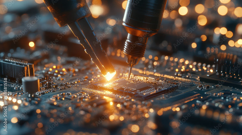 image showcases an engineer testing electronic circuit boards with precision tools, highlighting intricate details of circuitry and focused work environment image showcases an engineer testing electronic circuit boards with precision tools, highlighting intricate details of circuitry and focused work environment