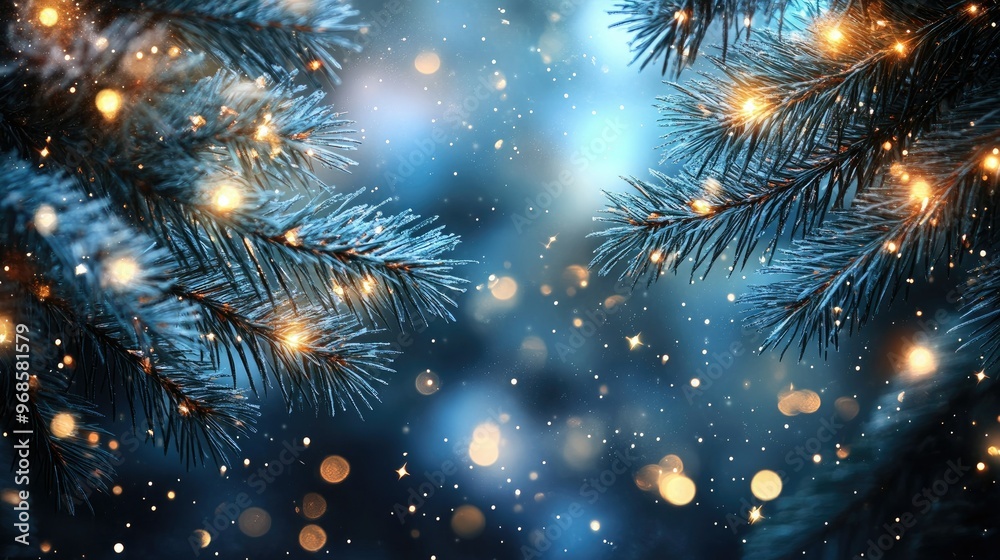 Fototapeta premium Sparkling blue pine needles and softly glowing stars in a wintery, enchanting Christmas background, evoking holiday wonder