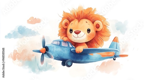 cute baby lion in a plane flying in the sky painted in watercolor on a white isolated background