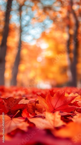 Autumn leaves in a forest with vibrant photo