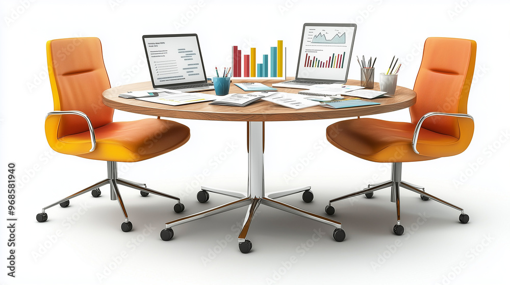 A business meeting concept with a round table and documents, isolated on a white background A business meeting concept with a round table and documents, isolated on a white background