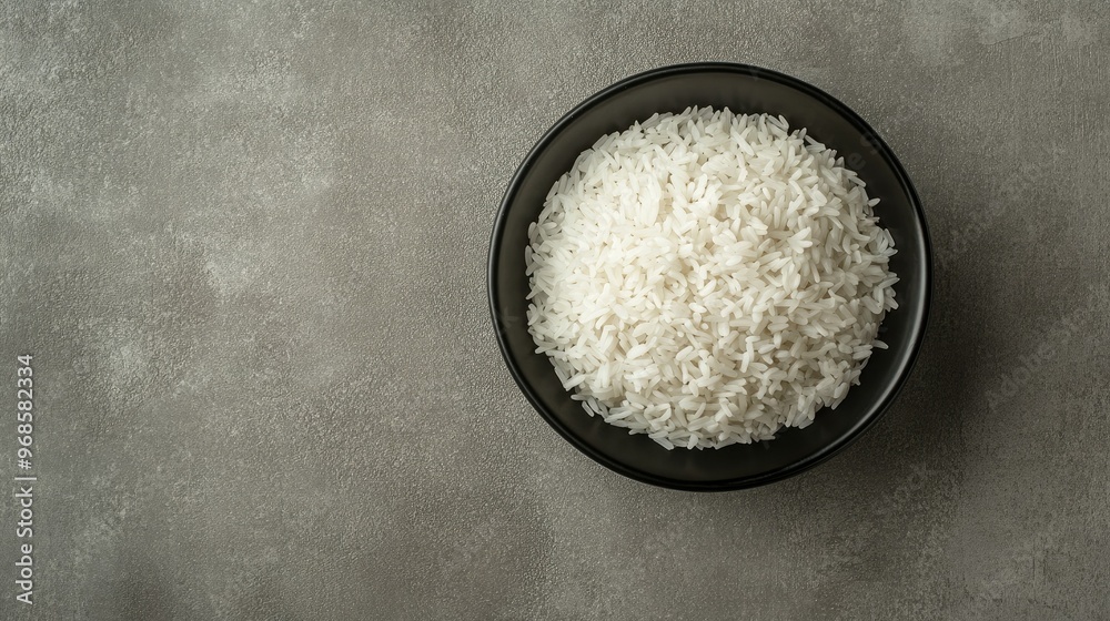 Top view of a black bowl filled with white rice, isolated on a grey background for a minimalist, elegant food concept.