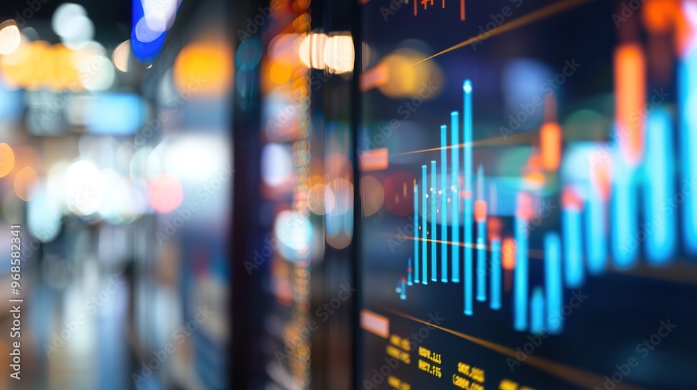 Fototapeta premium A close-up of a digital screen displaying a line graph with fluctuating interest rates, set against a blurred background of financial charts and economic indicators. monetary policy,quantitative easin