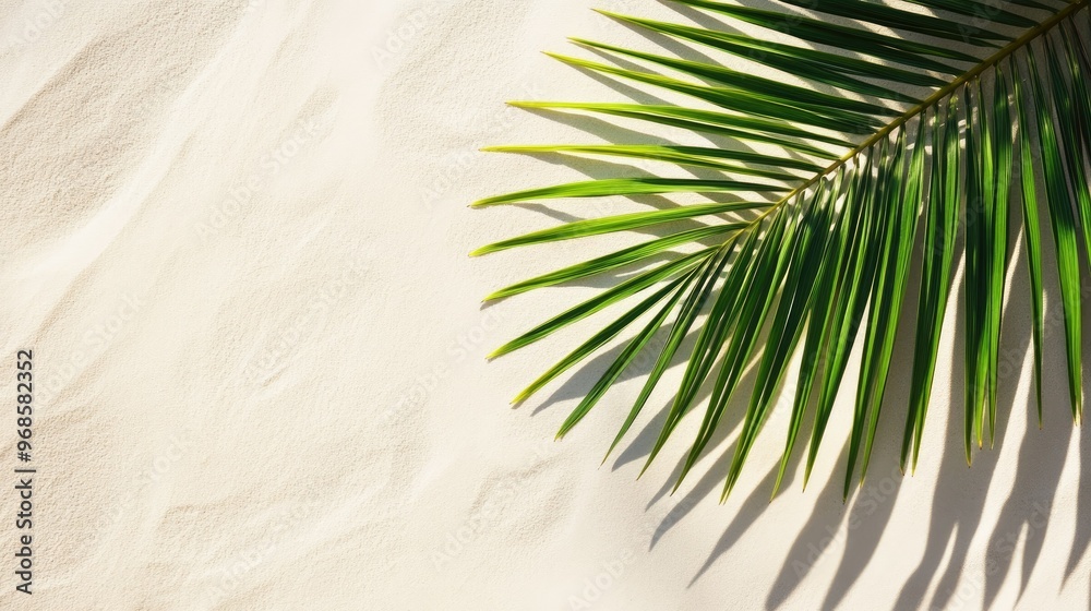 Top view of a tropical palm leaf casting a soft shadow on smooth sandy beach with ample copy space, evoking a serene coastal vibe Top view of a tropical palm leaf casting a soft shadow on smooth sandy beach with ample copy space, evoking a serene coastal vibe