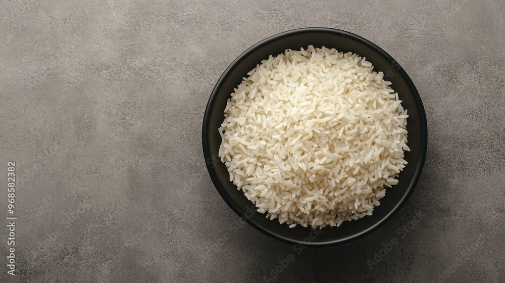 Top-down view of white rice neatly arranged in a black bowl, isolated on a grey background for a minimalist food concept. Top-down view of white rice neatly arranged in a black bowl, isolated on a grey background for a minimalist food concept.