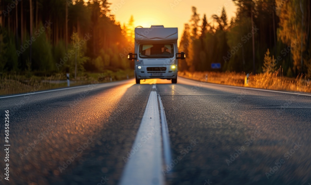 RV Traveling Through a Scenic Spring Forest Road RV Traveling Through a Scenic Spring Forest Road