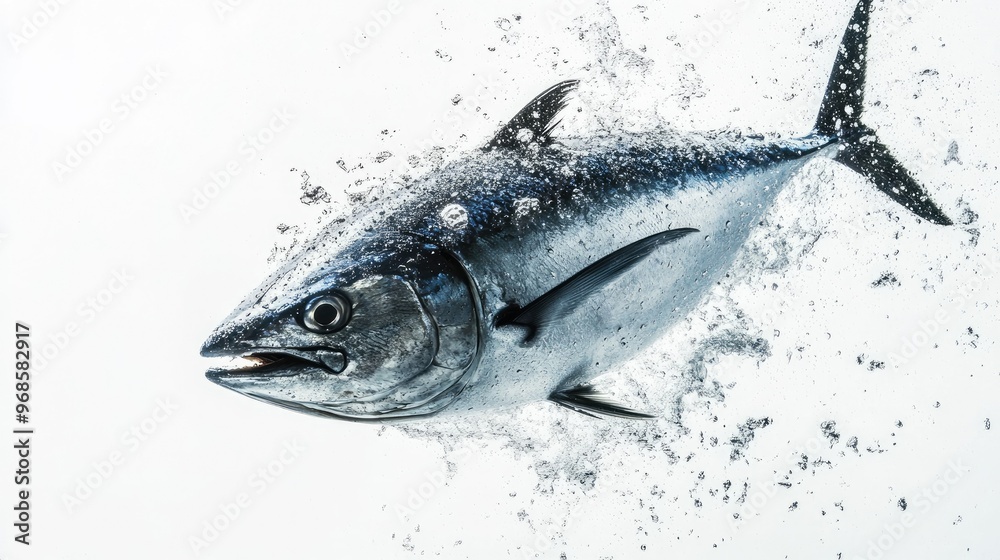 Obraz premium Tuna fish mid-leap, suspended in motion with water droplets around it, isolated on a pristine white backdrop.