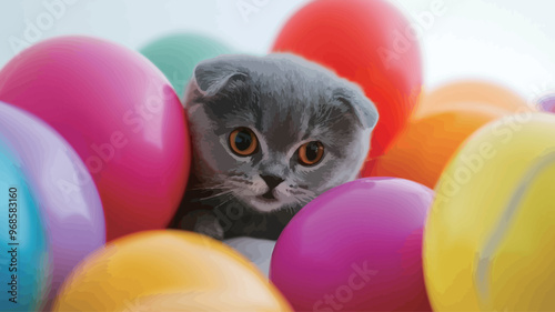 British shorthair kitten and colorful balloons on white background, close up