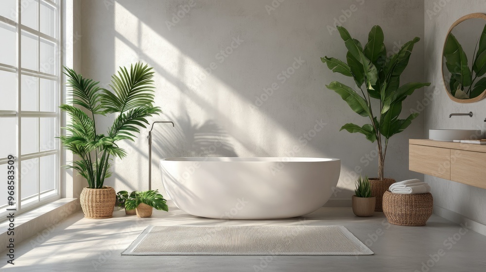 White bathtub in a spacious, modern bathroom with indoor plants, soft lighting, and minimalist decor creating a fresh, tranquil vibe