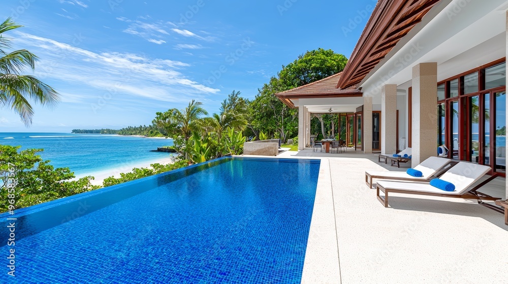 Fototapeta premium Luxury beachfront villa with infinity pool overlooking ocean