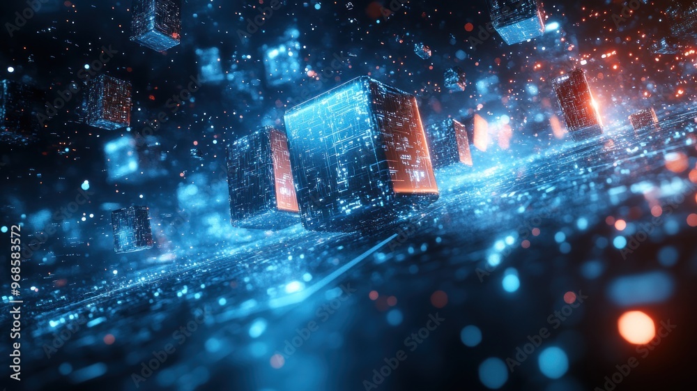 Obraz premium Abstract digital landscape with glowing data blocks and particles.