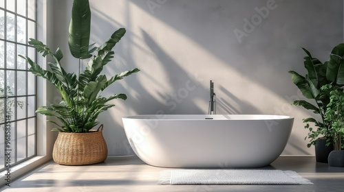 White bathtub in a spacious, modern bathroom with indoor plants, soft lighting, and minimalist decor creating a fresh, tranquil vibe