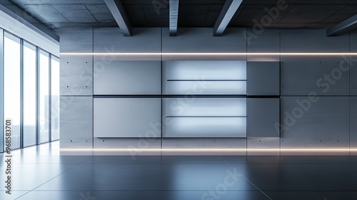 Wide-format view of a sleek, futuristic wall with multifunctional materials and integrated tech panels in a minimalist space-age design. photo