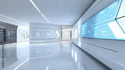 Wide-format view of a sleek, futuristic wall with multifunctional materials and integrated tech panels in a minimalist space-age design. photo