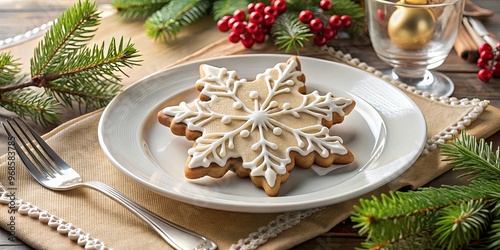 Christmas place setting featuring edible snowflake cookies decorated with edible snowflakes