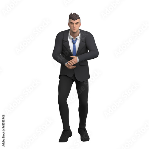 3D Male Lawyer Working. A male lawyer stands with his hands clasped together, as if focused and ready to give instructions. Legal Services Cartoon