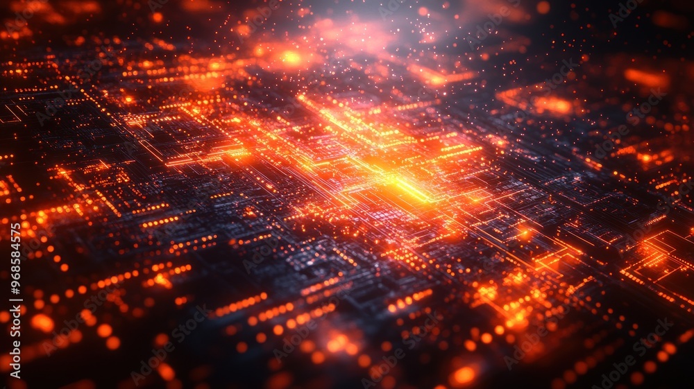 Abstract digital circuitry with glowing elements and vibrant colors. Abstract digital circuitry with glowing elements and vibrant colors.