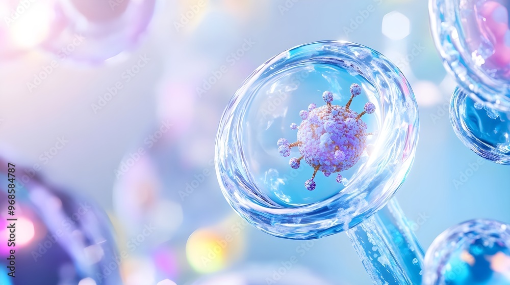 Virus Inside a Glass Sphere, Blue Background Virus Inside a Glass Sphere, Blue Background