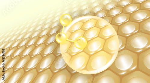 Hyaluronic acid and Niacinamide hair and skin solutions ad, gold collagen serum drops into skin cell with cosmetic advertising background ready to use, illustration vector.