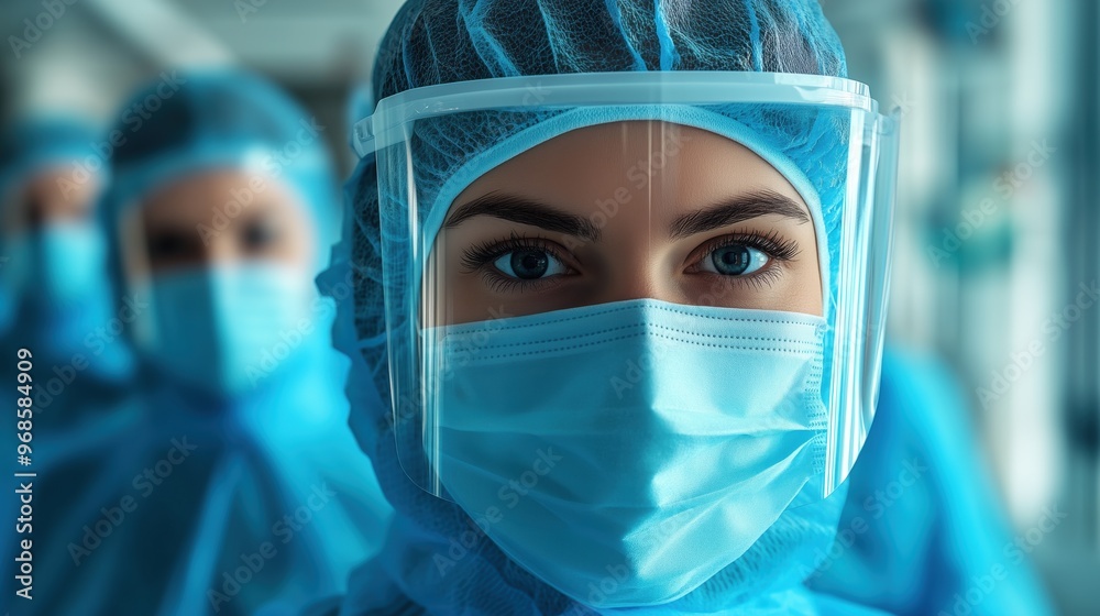 Close-up of Healthcare Worker in Protective Gear. Close-up portrait of a healthcare worker wearing a face shield, mask, and protective gown, ready for medical duties. Close-up of Healthcare Worker in Protective Gear. Close-up portrait of a healthcare worker wearing a face shield, mask, and protective gown, ready for medical duties.