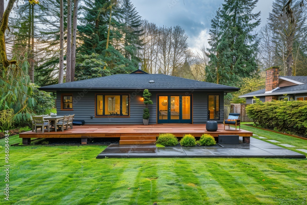 Large backyard with green grass, concrete patio, wooden deck, and a grey house with a blue door, surrounded by forest trees in spring, home for sale. Large backyard with green grass, concrete patio, wooden deck, and a grey house with a blue door, surrounded by forest trees in spring, home for sale.