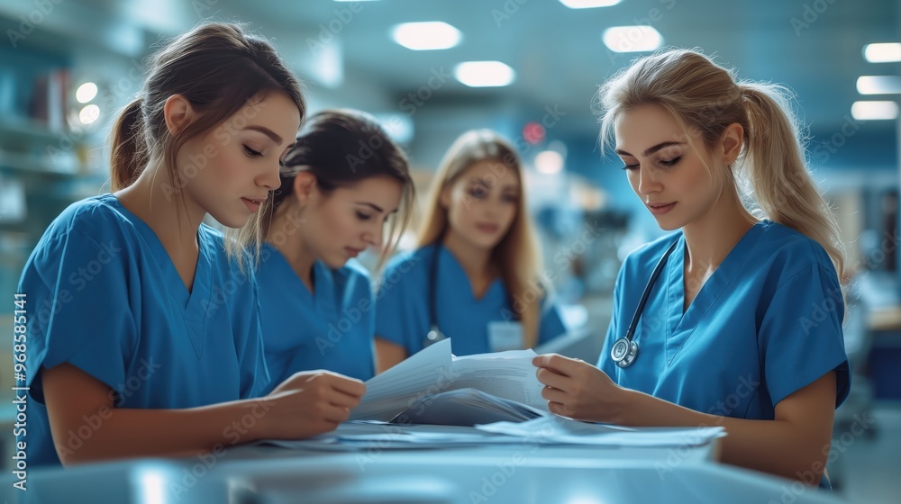 Obraz premium Medical Team Reviewing Patient Records in Hospital. Group of healthcare professionals in scrubs carefully reviewing medical documents in a hospital setting.