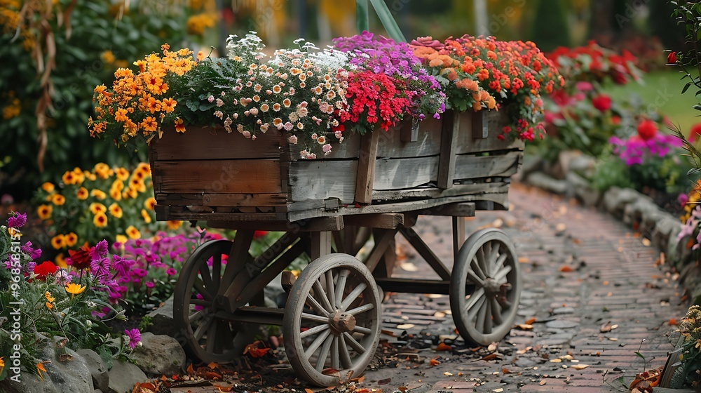 Wooden cart with flowers in landscape design close up colorful flowers in baskets landscape design in country style for gardens and parks Wooden cart with flowers in landscape design close up colorful flowers in baskets landscape design in country style for gardens and parks
