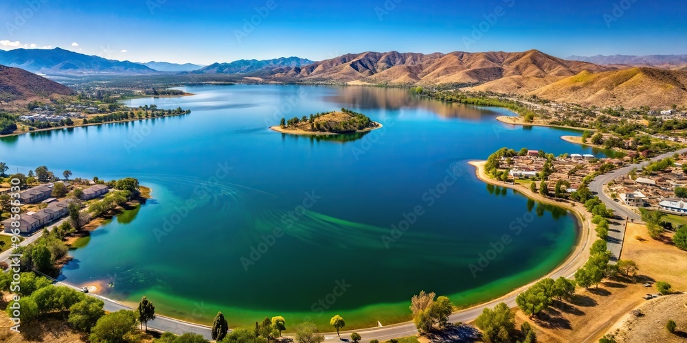 Naklejka premium Aerial view of a serene crystal clear lake nestled along the Riverside County of Lake Elsinore California, California, vacation, beauty, reflection, nature, destination, peaceful