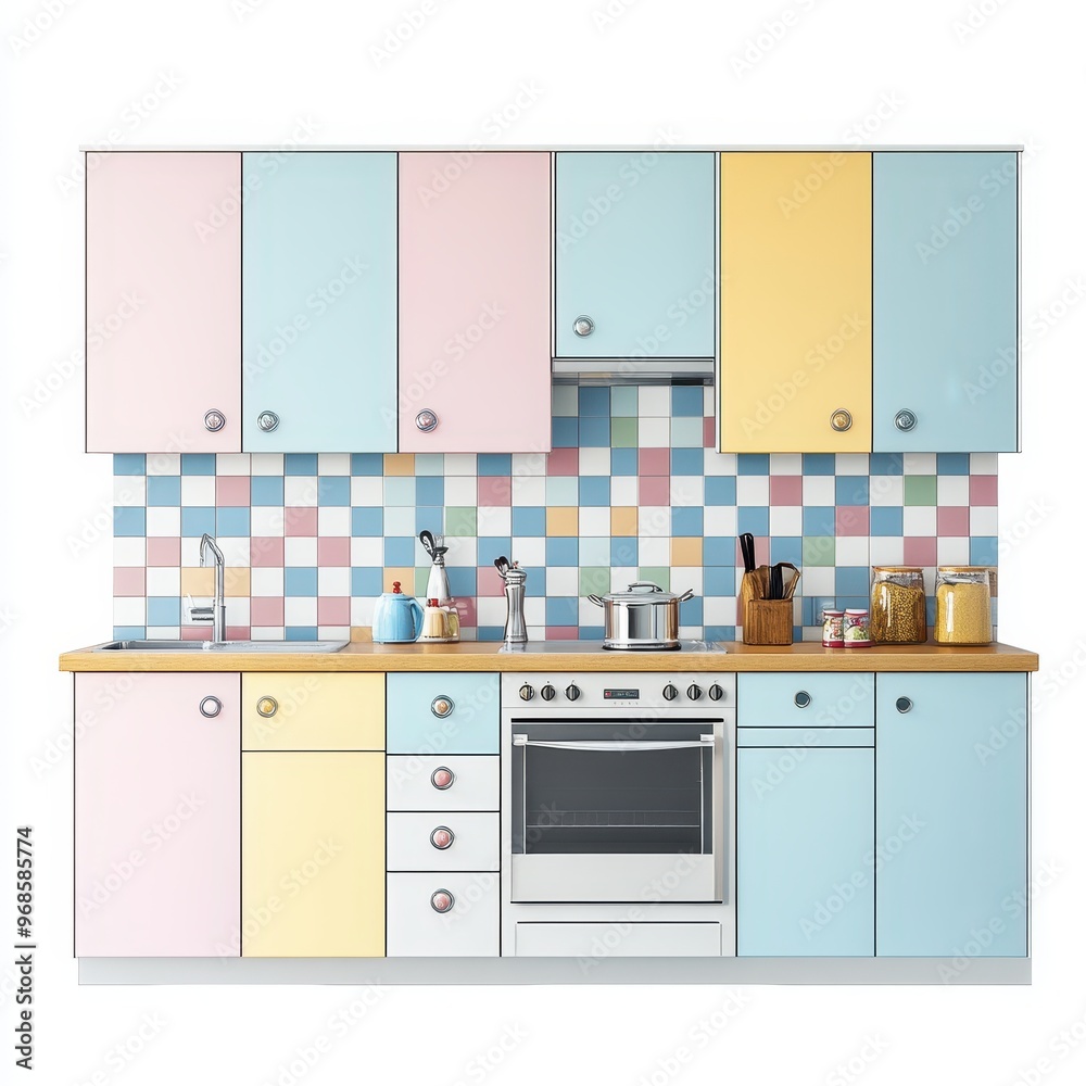 A colorful modern kitchen with pastel cabinets and a tiled backsplash. A colorful modern kitchen with pastel cabinets and a tiled backsplash.