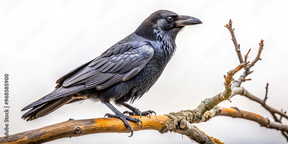 Obraz premium A sleek black raven stands sentinel on a stark tree branch, its glossy feathers a striking contrast to