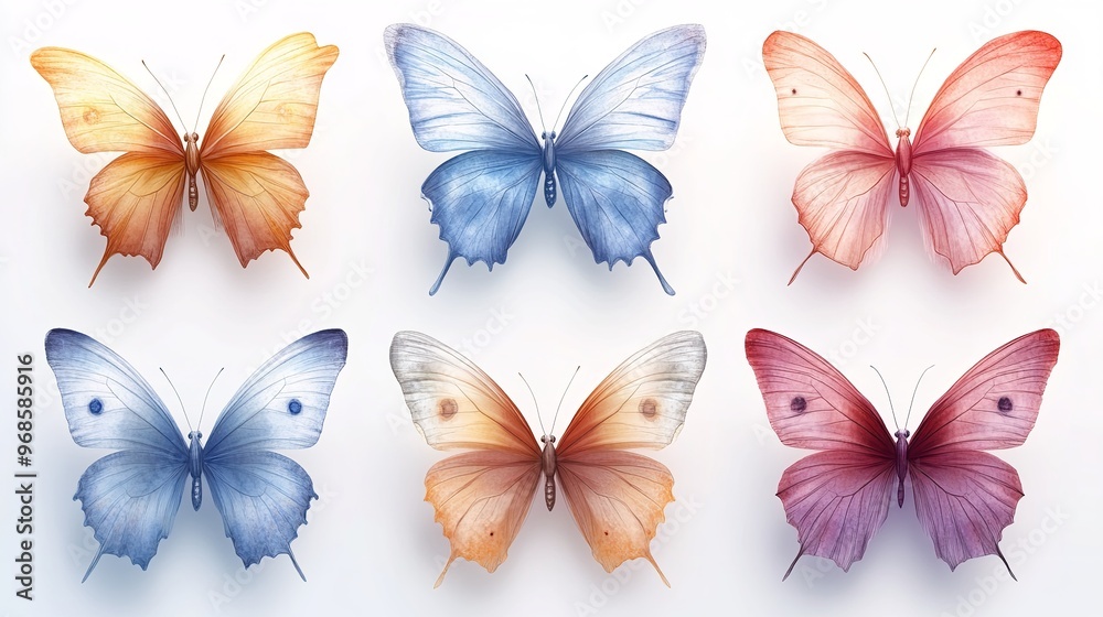 Colorful tropical butterflies with spread wings on white background Colorful tropical butterflies with spread wings on white background