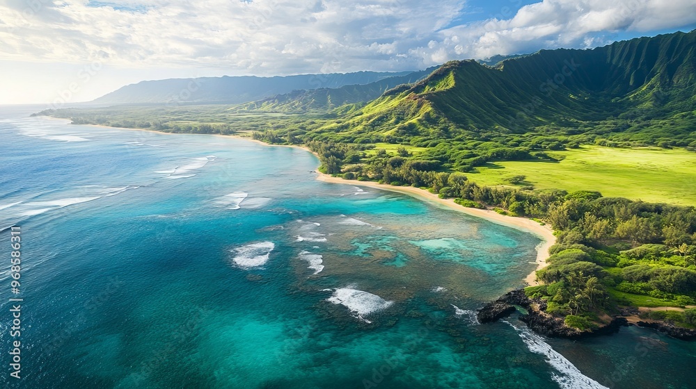 An aerial view of Hawaii Loa Valley, showcasing its beach and reef in Hawaii. An aerial view of Hawaii Loa Valley, showcasing its beach and reef in Hawaii.