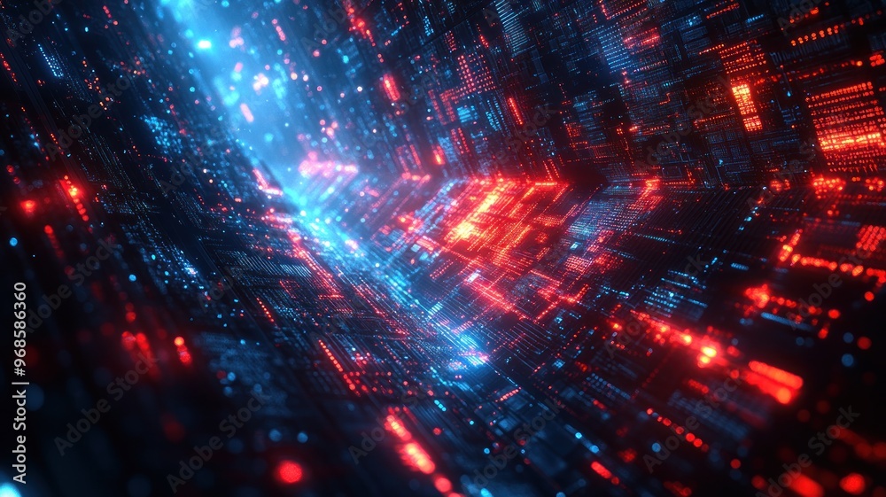 Fototapeta premium Abstract digital landscape with glowing red and blue patterns.