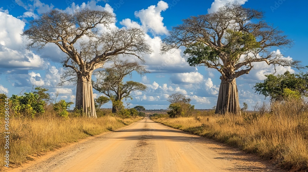 The Baobab Avenue, a famous road lined with baobab trees, located between Morondava and Belo sur Tsiribihina in western Madagascar. The Baobab Avenue, a famous road lined with baobab trees, located between Morondava and Belo sur Tsiribihina in western Madagascar.