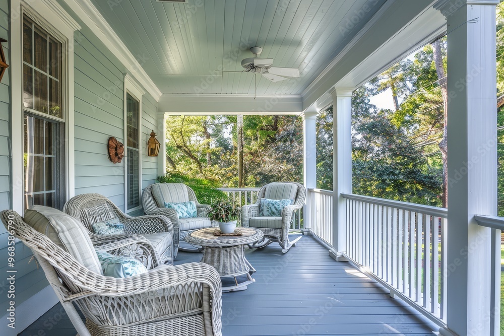 Fototapeta premium Large front porch with white wicker furniture, gray flooring, light blue walls, and glass windows, creating a relaxed atmosphere for socializing in warm weather.