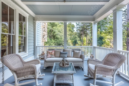 Large front porch with white wicker furniture, gray flooring, light blue walls, and glass windows, creating a relaxed atmosphere for socializing in warm weather.