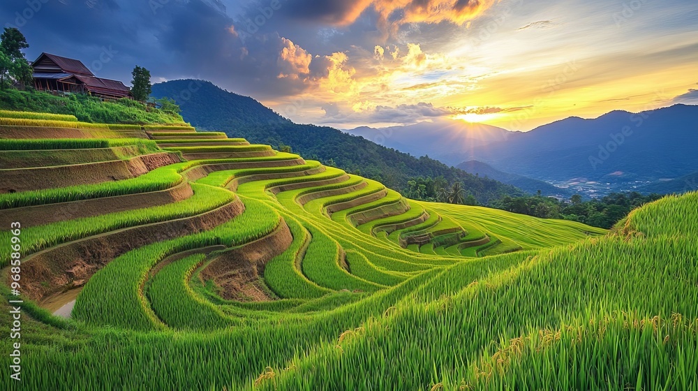 Fototapeta premium A beautiful rice field viewed from the Wat Phuket viewpoint in Thailand.
