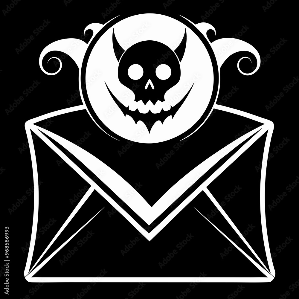 Skull in envelope illustration, black and white, spooky Halloween invitation design Skull in envelope illustration, black and white, spooky Halloween invitation design