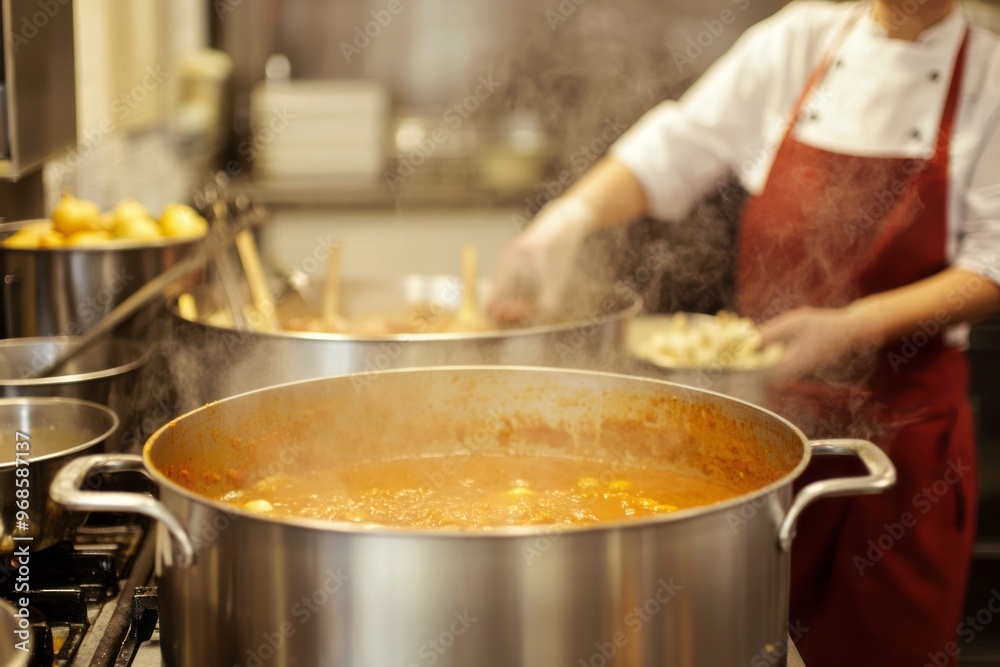 Female chef cooking a large pot of soup or stew in a restaurant kitchen. Ingredients and cooking tools are visible on the stove Female chef cooking a large pot of soup or stew in a restaurant kitchen. Ingredients and cooking tools are visible on the stove