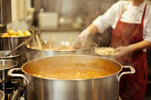 Female chef cooking a large pot of soup or stew in a restaurant kitchen. Ingredients and cooking tools are visible on the stove