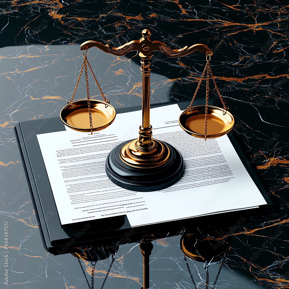 Elegant law scales on a legal document, symbolizing justice and balance in legal matters, set against a stylish marble surface.
