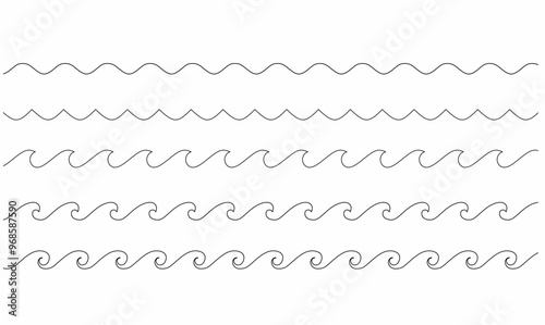 illustration consisting of a collection of wave lines.a series of lines depicting various wave patterns.a variety of wave shapes, from smooth, rolling waves to sharp, jagged peaks.