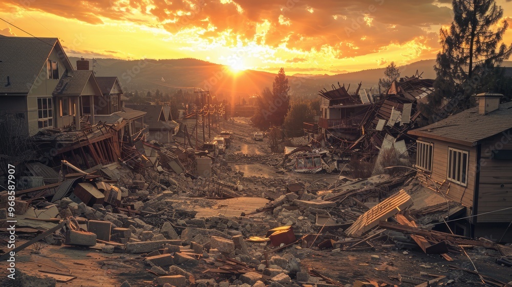 Destruction in the mountains: Houses obliterated by earthquake devastation. Destruction in the mountains: Houses obliterated by earthquake devastation.