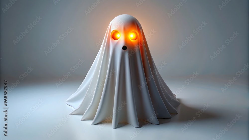 A translucent ghost with eerie orange eyes floats ethereally before a blank white backdrop, radiating an otherworldly A translucent ghost with eerie orange eyes floats ethereally before a blank white backdrop, radiating an otherworldly