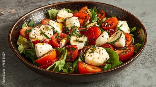 A dietary salad featuring tomatoes, mozzarella, and lettuce, dressed with a honey-mustard vinaigrette.