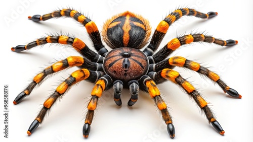 A vibrant black and orange spider with eight agile legs sprawls across a pristine white background, perfect for